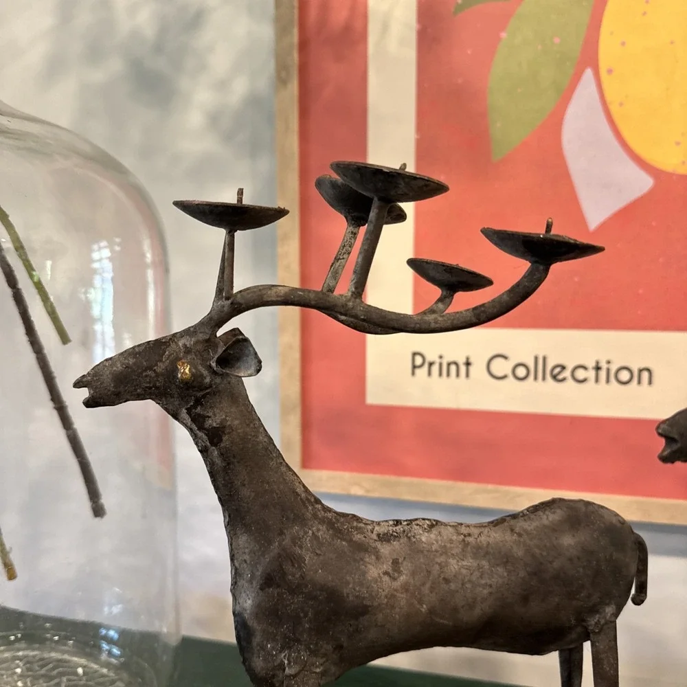 Lot of 2 Metal Rustic Reindeer 5 candle holder decor deer black vint 12&13